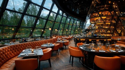 Elegant Restaurant Interior with Extensive Bar and Scenic View