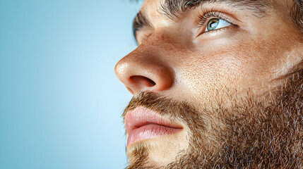 Obraz premium Man's face, thoughtful gaze, blue background, portrait