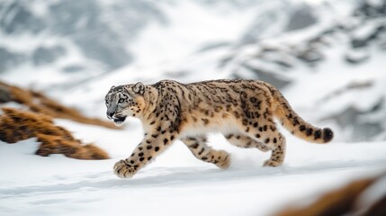 Obraz premium Snow leopard trekking snowy mountains