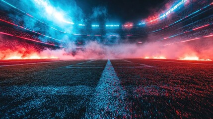 Dramatic American football stadium field enhanced with smoke and vibrant neon, ideal for dynamic sports-related graphics and designs.