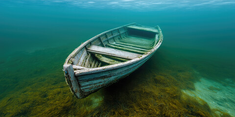 Obraz premium Abandoned wooden old boat sunk on the seabed underwater surrounded by seaweed. Underwater hunting and treasure hunting concept