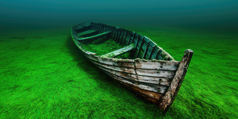 Abandoned wooden old boat sunk on the seabed underwater surrounded by seaweed. Underwater hunting and treasure hunting concept