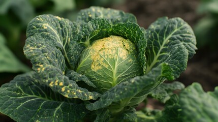 Fototapeta premium Cabbage Plant Close-up: A close-up shot of a vibrant green cabbage plant in a garden setting, showcasing its textured leaves and the central head, capturing the essence of fresh, organic produce.