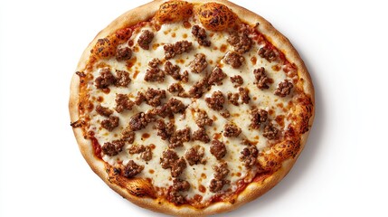 A round pizza topped with cheese and ground meat on a golden crust.