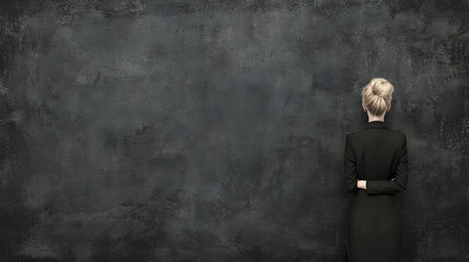 Obraz premium Woman facing textured wall, arms crossed, planning future