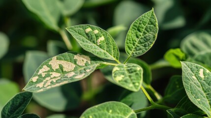 Soybean Leaf Disease: A close-up photograph reveals the intricate patterns of a soybean leaf affected by a fungal disease, highlighting the texture, detail, and subtle colors of the foliage.  