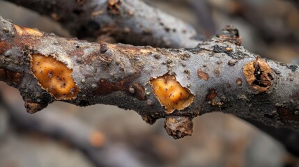 Fototapeta premium Branch Texture: A close-up of a tree branch, revealing the intricate details of its bark, knots, and textures. The interplay of light and shadow creates a captivating depth and visual intrigue.