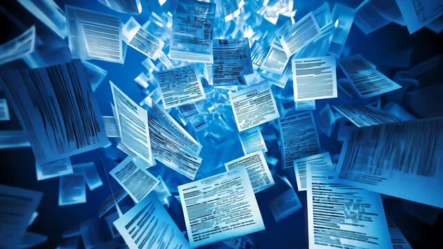 Cascading blue documents in abstract data flow motion
