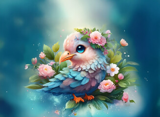 A charming, pastel-colored bird adorned with a floral crown sits amidst blooming roses against a soft, teal background.  Its large eyes and delicate features create a whimsical, enchanting scene.