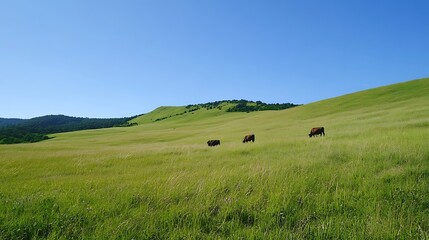 Serene Pastoral Landscape: Cows Grazing on Lush Green Hills Under a Clear Blue Sky