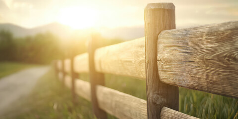 Obraz premium Sunny rural landscape. Dusty road, wooden pasture fence with posts. Cozy countryside rural landscape