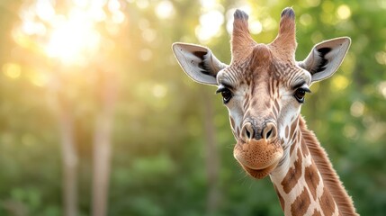 Obraz premium A close-up portrait of a giraffe in a natural setting with soft sunlight filtering through trees.