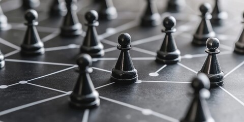 Black chess pawns on a strategic board highlighting the essence of intelligent gameplay in an intricate network formation