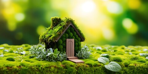 Naklejka premium A charming moss-covered house nestled in greenery, showcasing sustainable design, eco-architecture, and a lifestyle deeply connected to nature and conservation