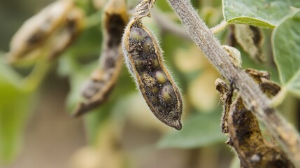 Soybean Pods: Close-up image of diseased soybean pods, revealing the detrimental effects of disease on agricultural crops.