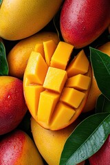 A vibrant display of fresh mangoes with one sliced open to reveal juicy cubes.