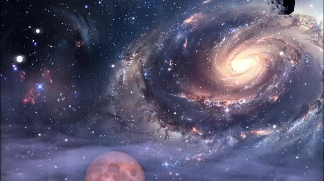 Beautiful cosmic landscape featuring a luminous spiral galaxy, countless stars, nebulae, and a red moon in deep space. Seamless looping time lapse 4k video animation background