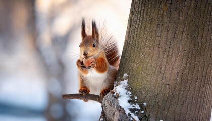Playful Squirrel Nibbling on a Hazelnut Perched on a SnowCovered Tree Branch in a Winter Wonderland Park Scene, Capturing the Enchanting Beauty of Wildlife Amidst Seasonal Magic.