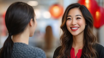 Obraz premium Two women are talking to each other