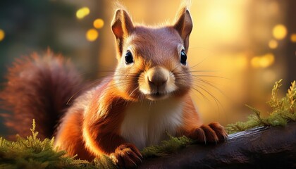 Playful Squirrel Amidst a Vibrant Autumn Forest, Cloaked in Reds and Golds, Chasing Leaves through the Foliage with Exuberance.