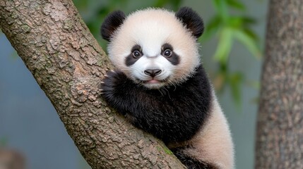 Obraz premium Cute panda cub climbing tree, bamboo forest background, wildlife sanctuary