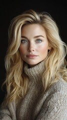 Naklejka premium A blonde woman with blue eyes is wearing a sweater and posing for a photo