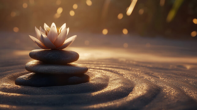 A beautifully composed zen garden scene with a fully bloomed lotus flower sitting atop stacked river stones, encircled by meticulously raked sand patterns