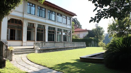 Historic mansion with beautiful gardens nestled in a serene setting during a sunny day
