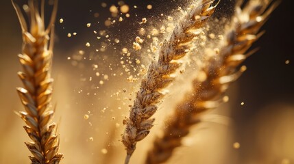 Golden Wheat Grains: A close-up of golden wheat ears, with grains scattering in the sunlight, capturing the essence of harvest and abundance.