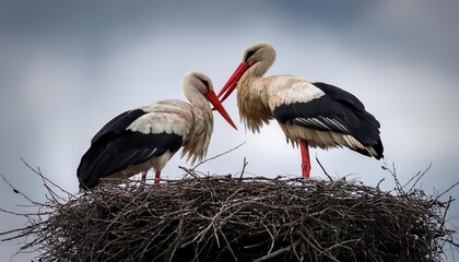 Fototapeta premium Imposing Stork Pair in Dramatic Monochrome against Bright Red Beaks, Caught in Black and White Serenity amidst a Vast Landscape