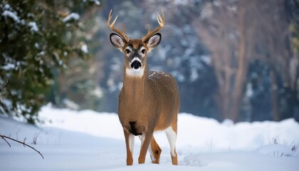 Striking Portrait of a WhiteTailed Deer Amidst Fresh Snowfall, Capturing Winters Tranquility in an Enchanted Forest