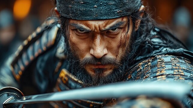 Close-up of a fierce samurai warrior, his face intense, holding a katana.