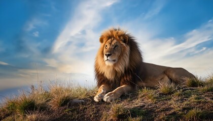 Regal Lion Standing Proudly atop a Hill Majestic Mammal overlooking the African Savannah under the Starlit Sky, Emanating Power and Grace