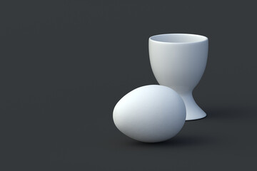Egg near holder on black background. Natural food. Kitchen utensils. Copy space. 3d render