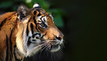 Naklejka premium Vigilant Sumatran Tiger Stalking Through the Lush Indonesian Jungle at Dusk, Capturing the Power and Majesty of this Rare Tiger Subspecies in a Hazy Twilight Glow