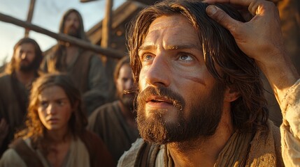blind man experiences joy of sight for first time as Jesus gently touches his eyes. surrounding crowd watches in disbelief and awe illuminated warm sunlight.