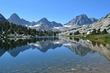 Mountain lake reflecting majestic peaks under a clear sky