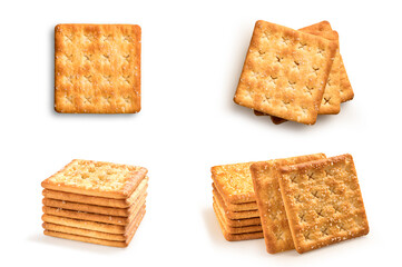 Set of crackers isolated on white background.