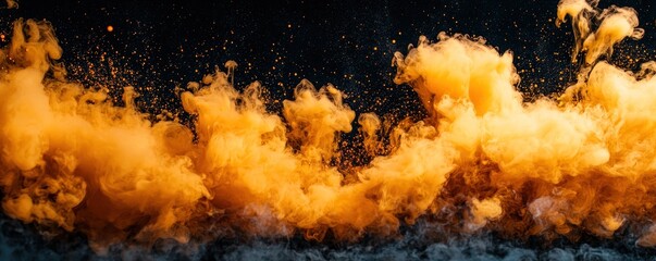 Dynamic yellow explosion of smoke, fluid splash, and vapor clouds against a black background, capturing the intense motion and vibrant energy of ink dispersing in water.