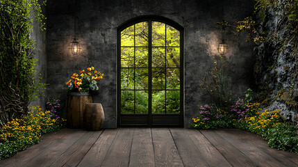 Obraz premium Secret Garden Room Wooden floor, arched window, lush greenery