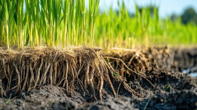 Vital Roots: A close-up image captures the intricate network of plant roots intertwined with the rich soil, showcasing the foundational support of life.