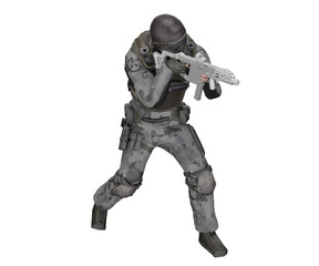 Soldier in tactical gear aiming a weapon during a training exercise