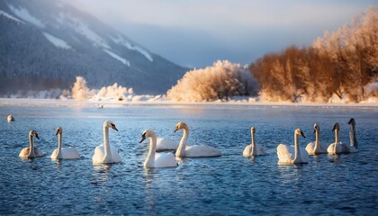 Tranquil Moment at Swan Lake as Mist Rises and Golden Light Graces the FrostKissed Waterway, Capturing the Serenity of Winter Dawn.