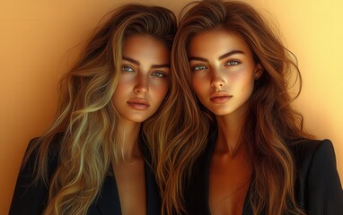 Fototapeta premium Two women with long brown hair and brown eyes are posing for a photo