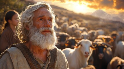 Noah constructs altar express gratitude God for promise of new beginning after flood. His family prays nearby while animals wander in warm sunlight.