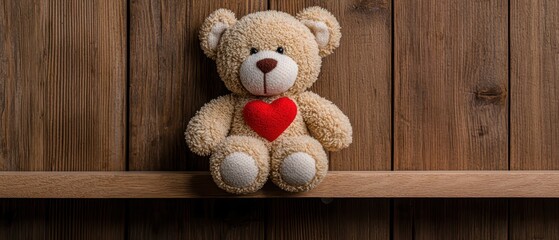 A cute teddy bear with a red heart sits on a wooden shelf, evoking feelings of love and comfort.