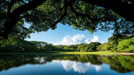 A serene lake surrounded by lush greenery and a clear blue sky reflecting on the water.