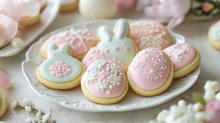 delicately decorated Easter sugar cookies shaped like bunnies and eggs, arranged on a soft pink background