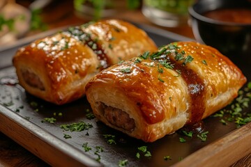 Savory sausage rolls, glossy glaze, parsley garnish, wooden table, pub food