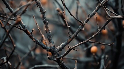 Winter's Embrace: A close-up of a tree branch during winter, capturing the stark beauty of nature's dormant season, with a touch of muted colors and a sense of the raw, quiet power of winter
